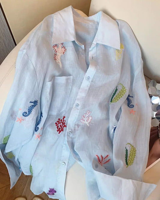 海洋之愛～重工刺繡亞麻防曬襯衣