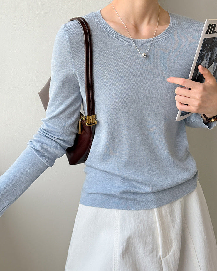 秋冬新款/圓領百搭包色薄毛衣-四色