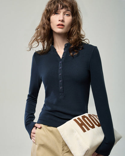 小立領開釦薄磨毛針織衫