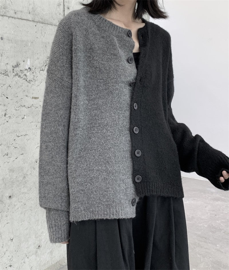 情侶款寬鬆黑灰拼接毛衣外套
