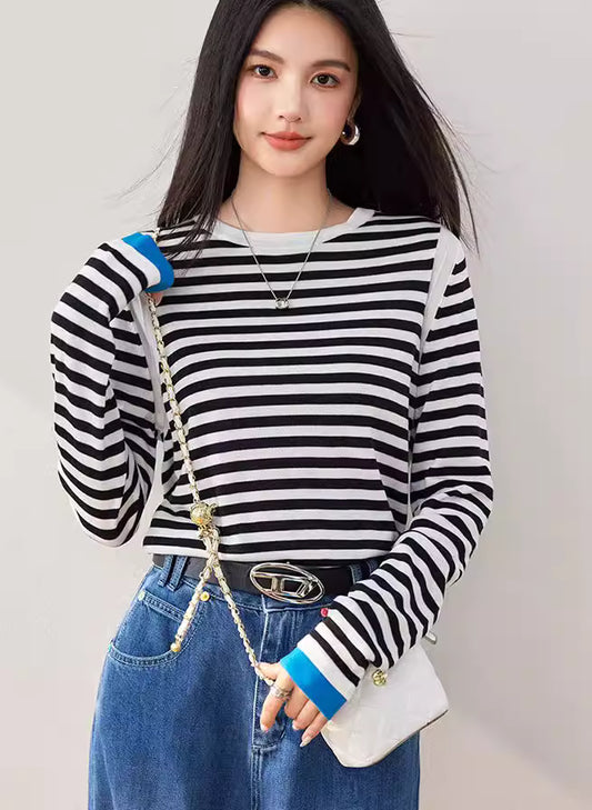 春季設計款～舒適萊賽爾天絲條紋T卹