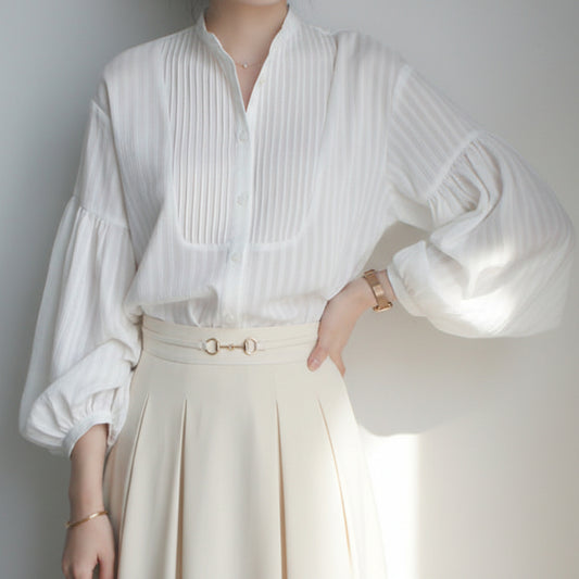 法式暗紋壓褶寬鬆文藝燈籠袖棉襯衫