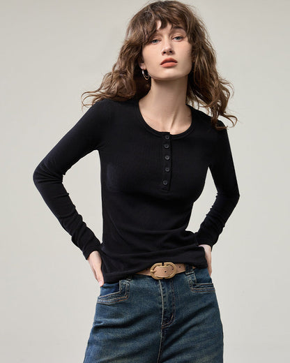 開釦亨利領薄磨毛針織衫