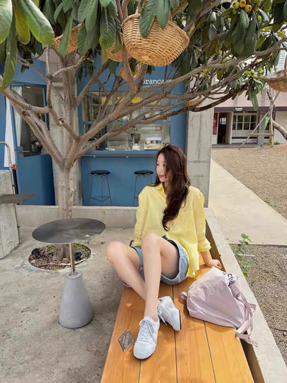 活力黃100%韓版亞麻薄款防曬襯衫