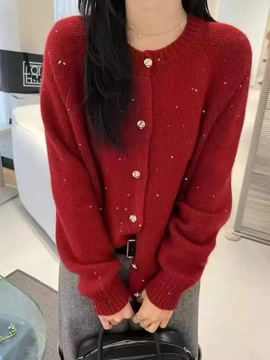 喜悅氛圍:/ 金釦細亮片超柔軟毛衣外套