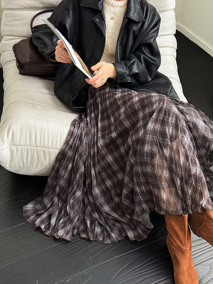 格子網紗不規則垂墜感紗裙