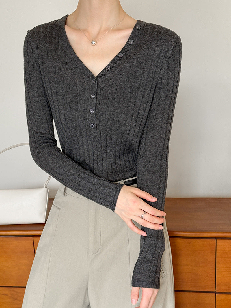 V領質感彈力直條開釦上衣
