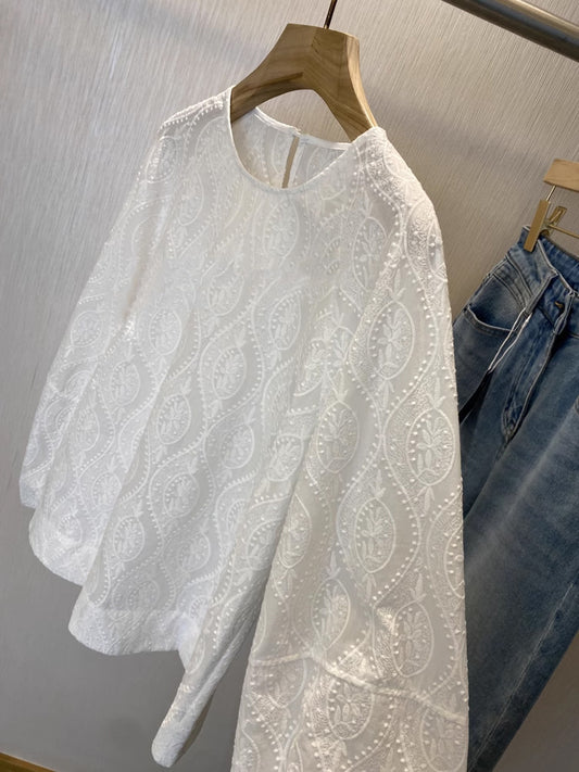 大推薦~圓領精緻刺繡緹花燈籠袖棉質襯衫