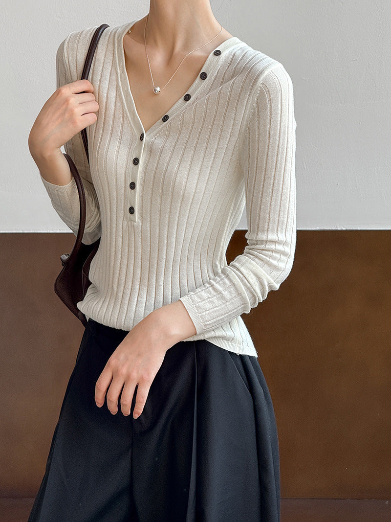 V領質感彈力直條開釦上衣