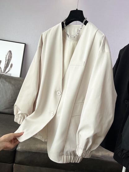 時尚設計V領寬鬆外套中版風衣