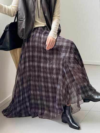 格子網紗不規則垂墜感紗裙