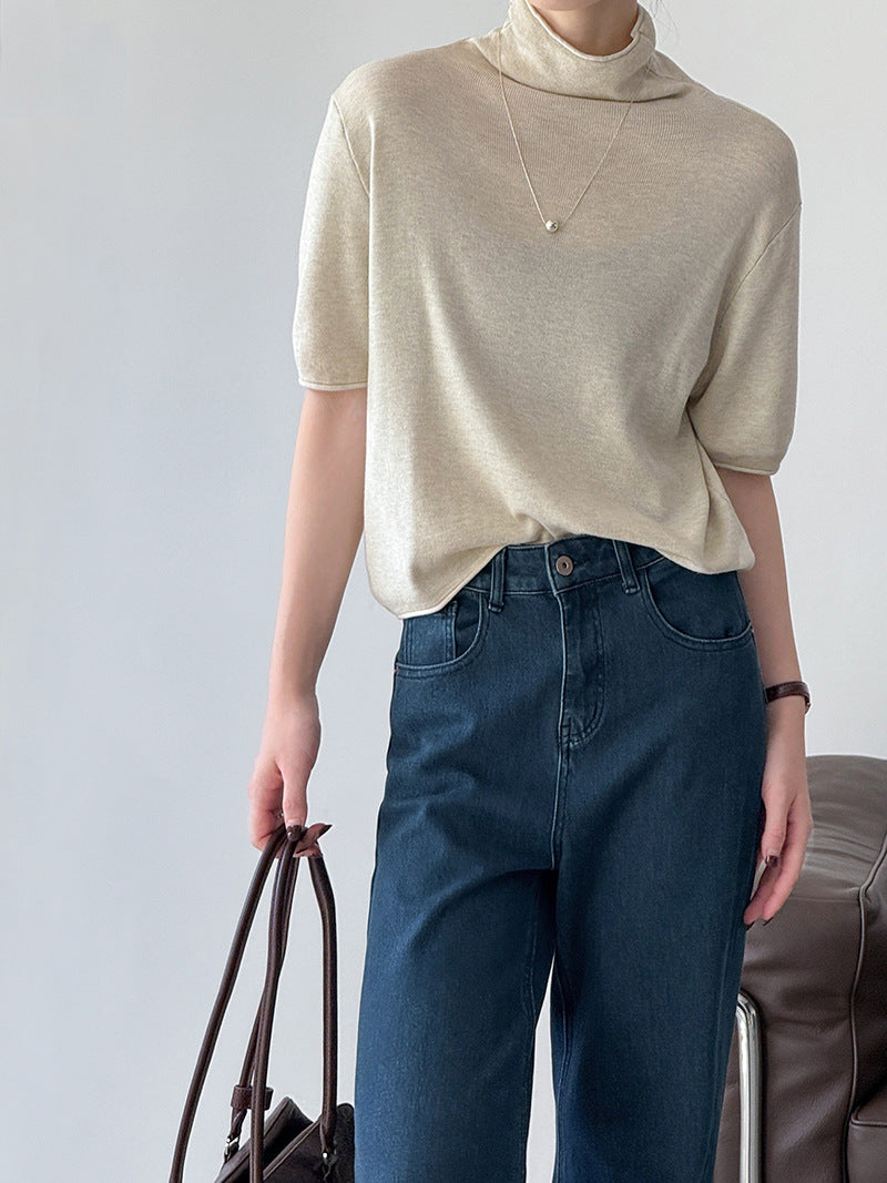 五分袖半高領百搭寬鬆上衣-五色