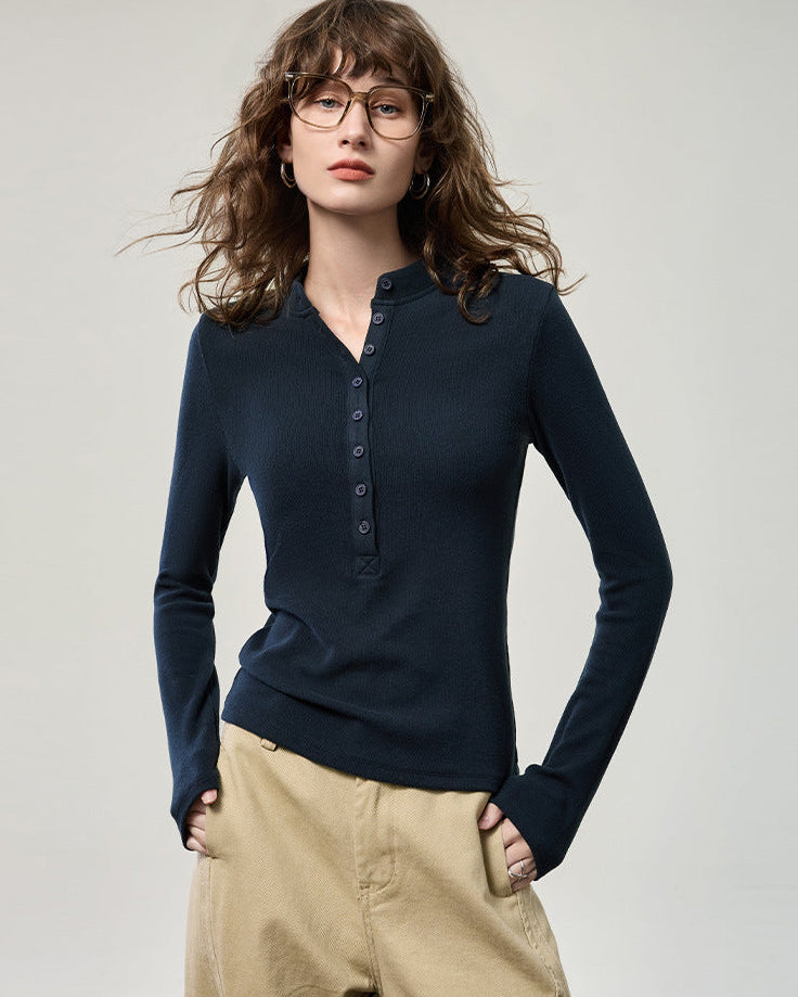 小立領開釦薄磨毛針織衫