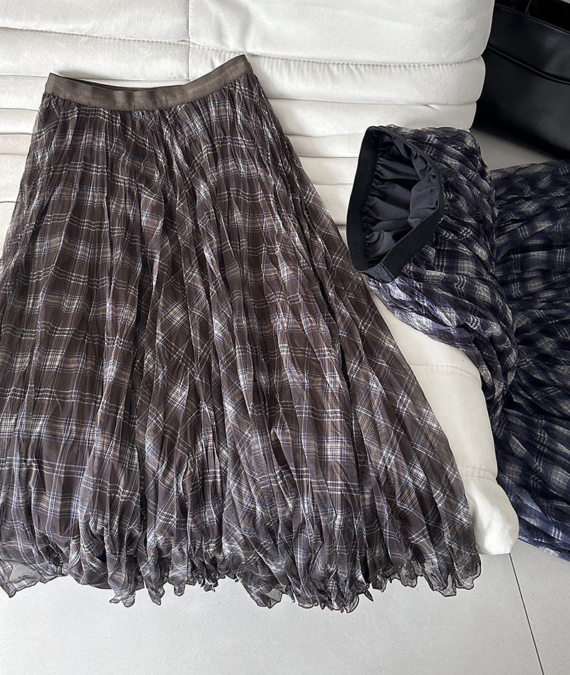 格子網紗不規則垂墜感紗裙