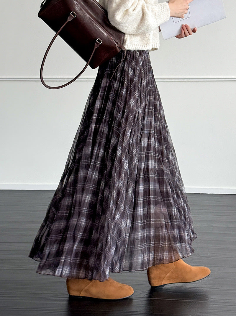 格子網紗不規則垂墜感紗裙