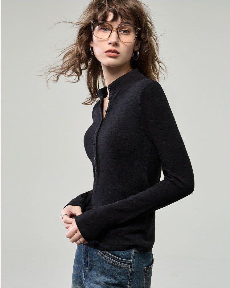 小立領開釦薄磨毛針織衫