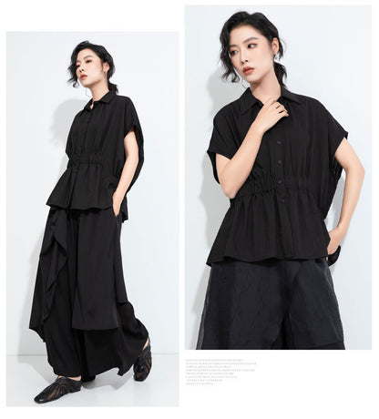 新品/設計款/不規則抓腰包袖襯衫6225