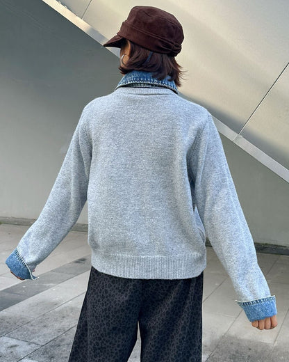 城市風格牛仔領毛衣外套