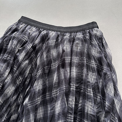 格子網紗不規則垂墜感紗裙