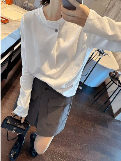 春季韓版一粒扣簡約長袖T卹