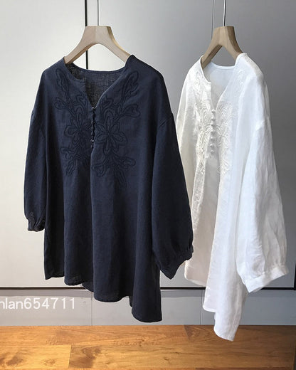 高級質感細緻100%亞麻防曬刺繡圓領襯衫