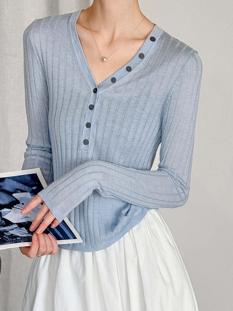 V領質感彈力直條開釦上衣