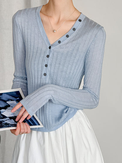 V領質感彈力直條開釦上衣