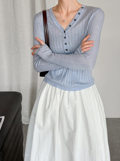 V領質感彈力直條開釦上衣