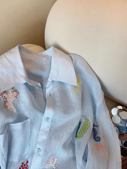 海洋之愛～重工刺繡亞麻防曬襯衣