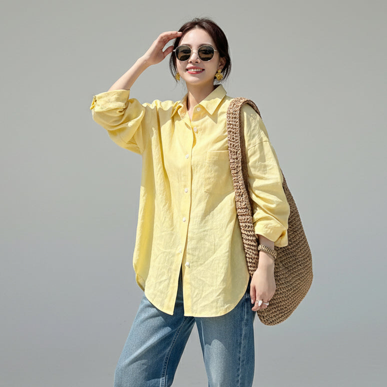 活力黃100%韓版亞麻薄款防曬襯衫