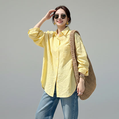 活力黃100%韓版亞麻薄款防曬襯衫