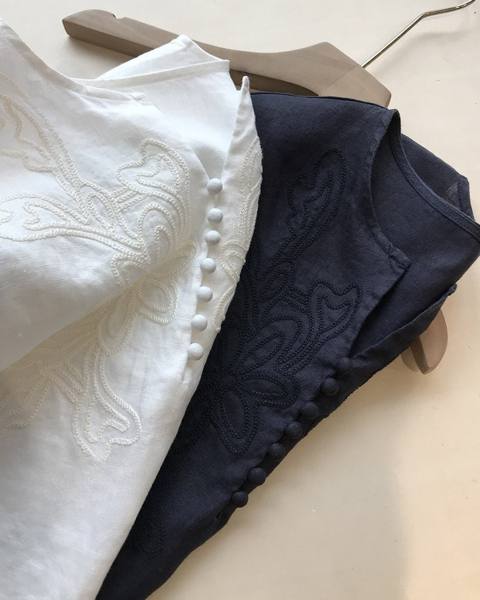 高級質感細緻100%亞麻防曬刺繡圓領襯衫