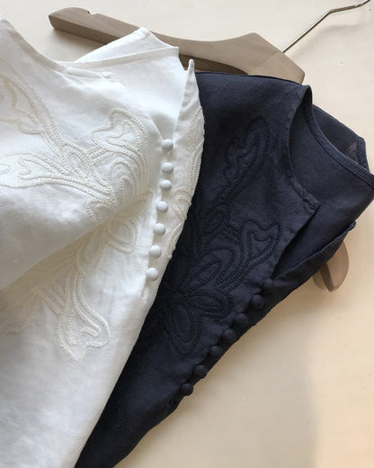 高級質感細緻100%亞麻防曬刺繡圓領襯衫