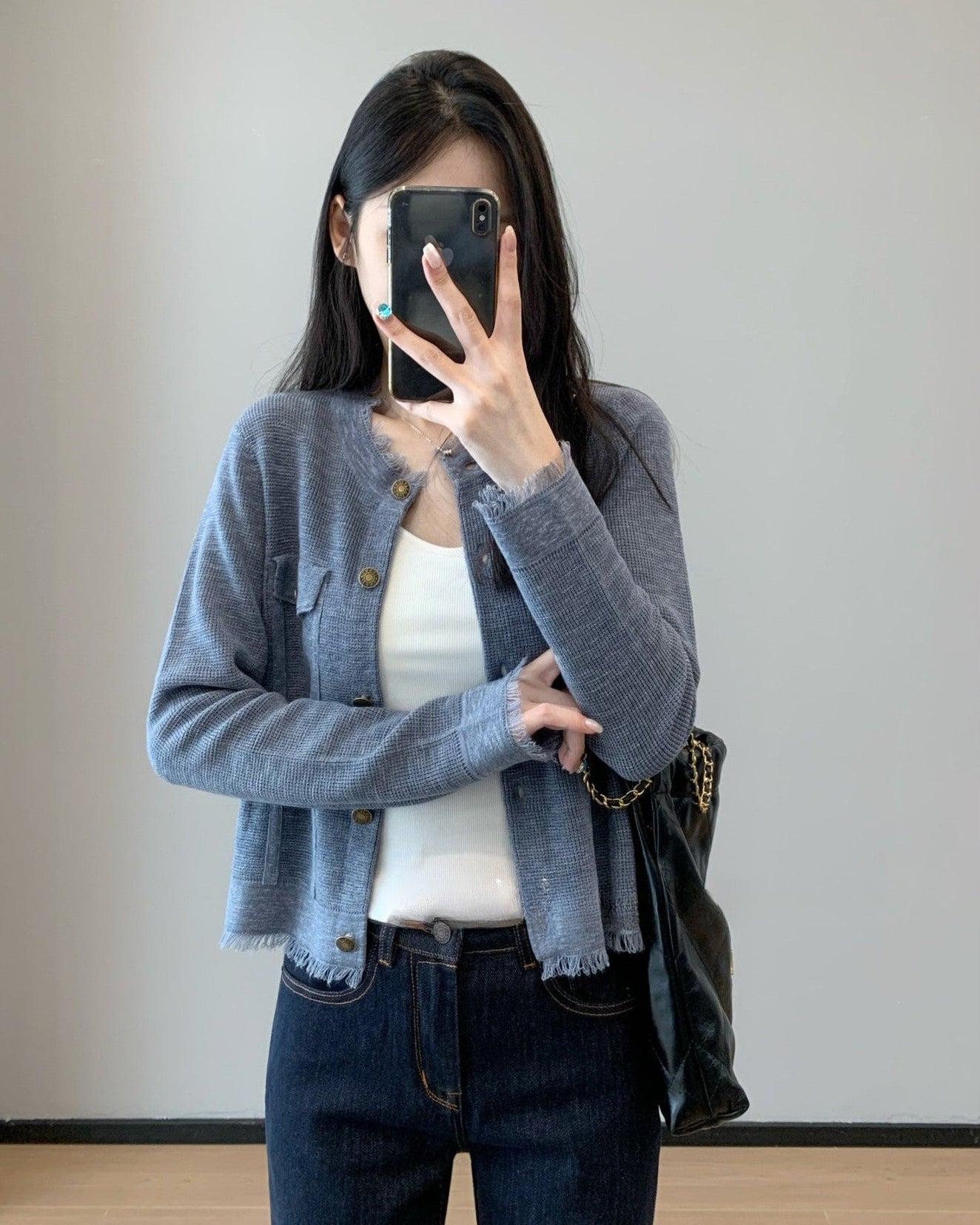 貴婦感｜灰藍色花紗針織流蘇開衫外套